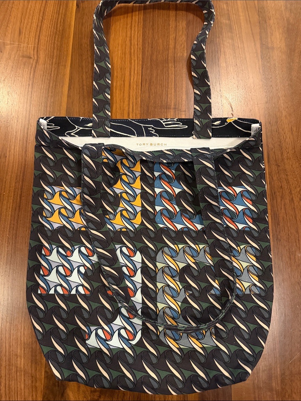 Tory Burch Black Canvas Tote with Multicolor Geometric Print